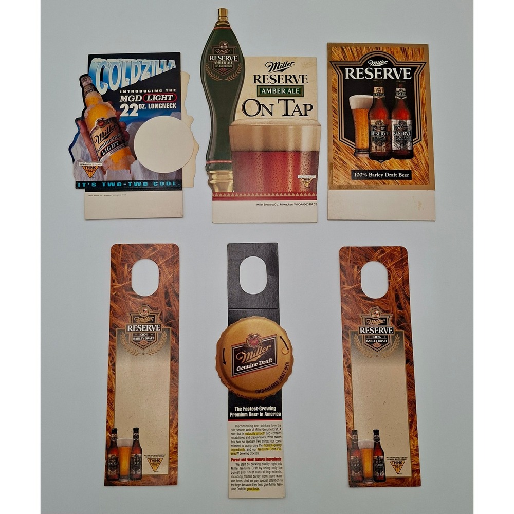 Vintage Miller Beer Advertising Cardboard Display Lot MGD Reserve 6 Pc